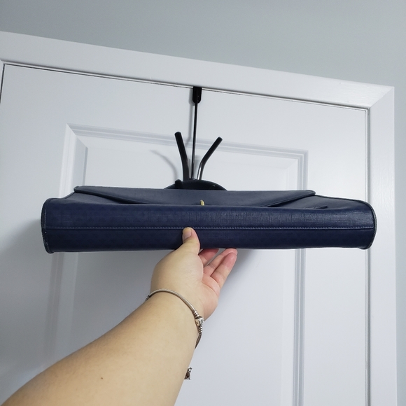 VINTAGE LIZ CLAIBORNE Blue Leather Trim Turnlock Briefcase Messenger Bag - Picture 14 of 16